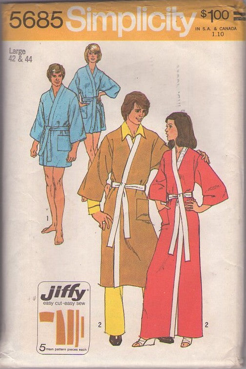 Simplicity 5685 Vintage 70's Sewing Pattern Easy Robes, Mens' & Ladies' Band Trim Short Spa Robe, Karate Style Wrap Around Jiffy Bathrobe Set Size Ladies 10