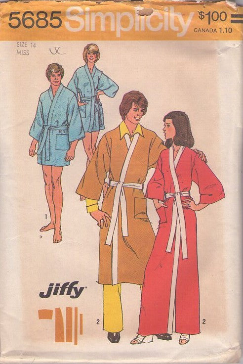 Simplicity 5685 Vintage 70's Sewing Pattern Easy Robes, Mens' & Ladies' Band Trim Short Spa Robe, Karate Style Wrap Around Jiffy Bathrobe Set Size Ladies 14