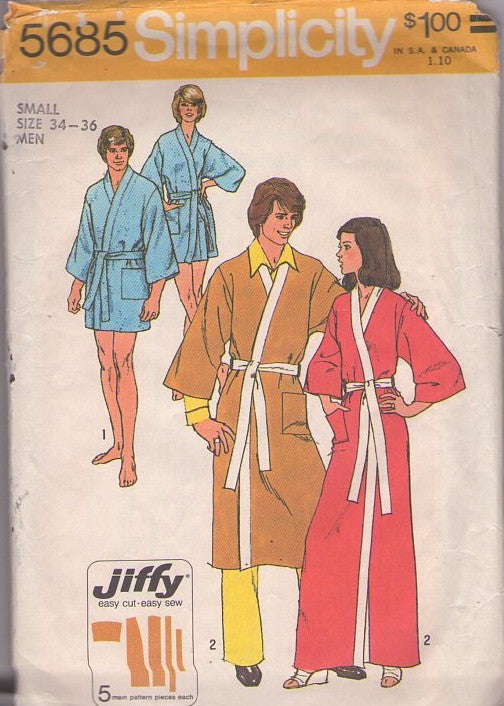 Simplicity 5685 Vintage 70's Sewing Pattern Easy Robes, Mens' & Ladies' Band Trim Short Spa Robe, Karate Style Wrap Around Jiffy Bathrobe Set Size Men's S