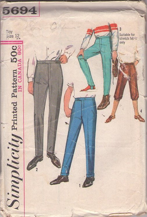 Simplicity 5694 Vintage 60's Sewing Pattern Teen Boys Slacks Set, Rockabilly Fly Front Tapered Slacks, Ski Pants, Knickerbockers Golf Pants 4 Styles Size 12