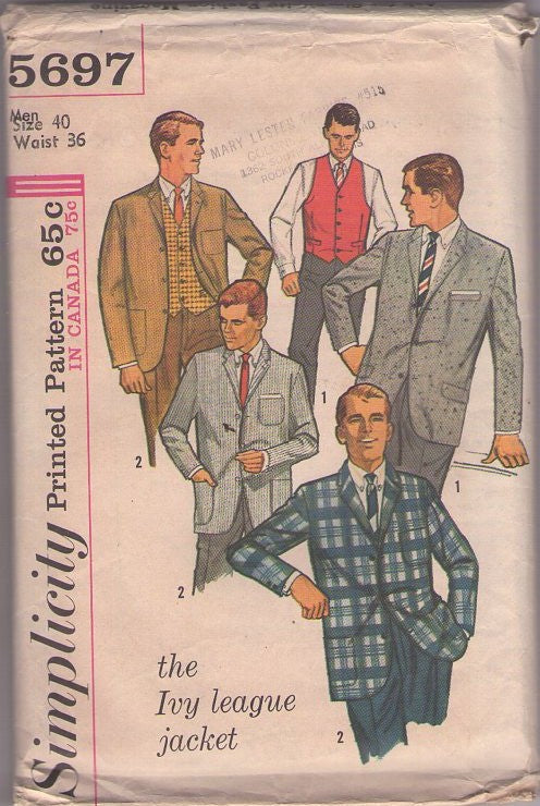 Simplicity 5697 Vintage 60's Sewing Pattern Men's Jackets, Ivy League Jacket, Mad Men Suit Sports Coat & Vest Size 40 Large