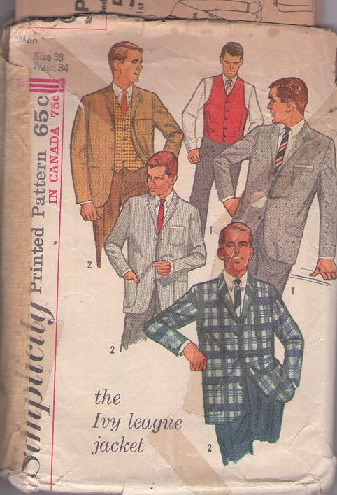 Simplicity 5697 Vintage 60's Sewing Pattern Men's Jackets, Ivy League Jacket, Mad Men Suit Sports Coat & Vest Size 38 Large