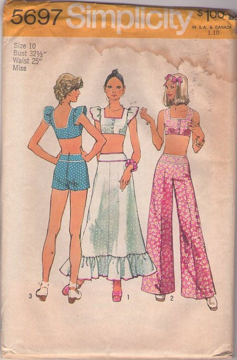Simplicity 5697 Vintage 70's Sewing Pattern Summer Separates, Cropped Bra Top, Hip Banded Hot Pants Shorts, Bell Bottoms Pants, Ruffle Skirt Size 10