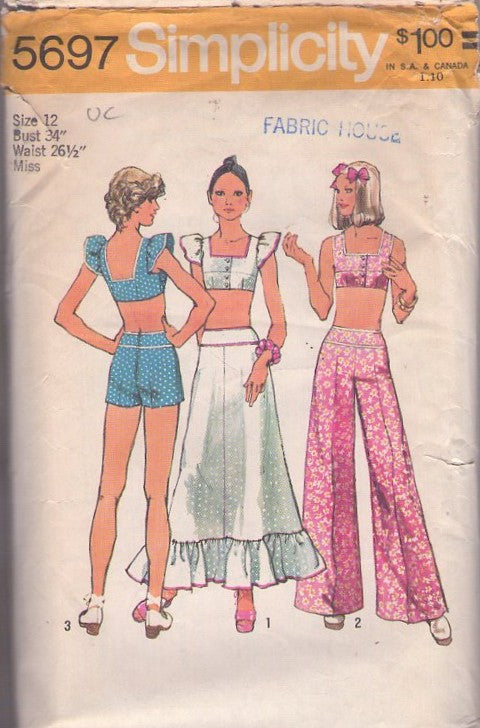 Simplicity 5697 Vintage 70's Sewing Pattern Summer Separates, Cropped Bra Top, Hip Banded Hot Pants Shorts, Bell Bottoms Pants, Ruffle Skirt Size 12