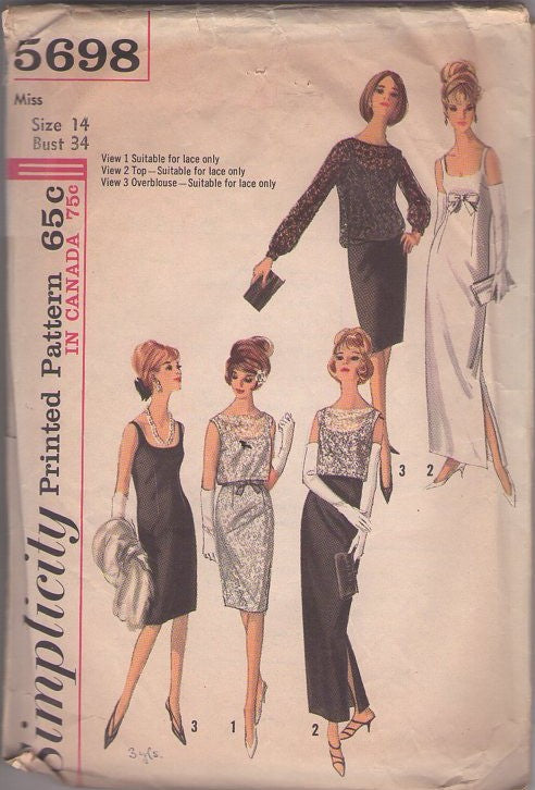 Simplicity 5698 Vintage 60's Sewing Pattern My Fair Lady Gowns, Audrey Hepburn Slim Scoop Neck Sheath Evening Gown, Lace Party Dress, Overblouse Top Cover Up Blouse Size 14