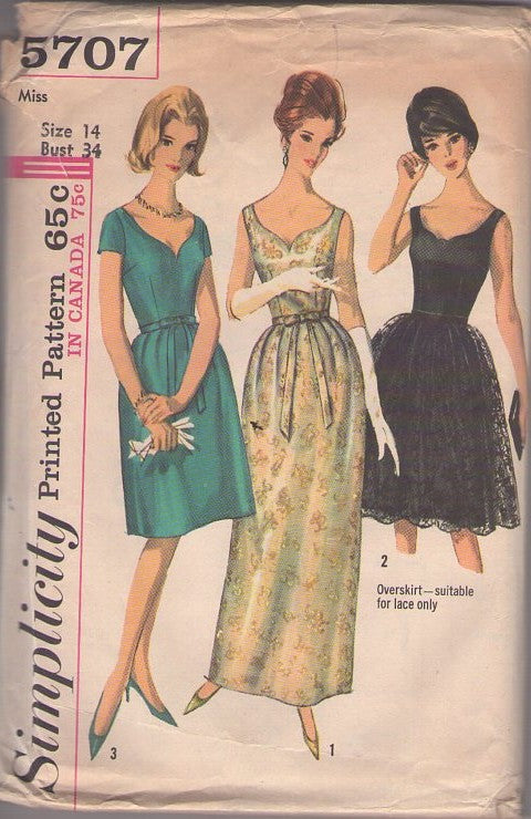 Simplicity 5707 Vintage 60's Sewing Pattern Rockabilly Gala Gowns, Shaped Sweetheart Neckline, Cocktail Party Dress, Gala Formal Gown 3 Styles Size 14