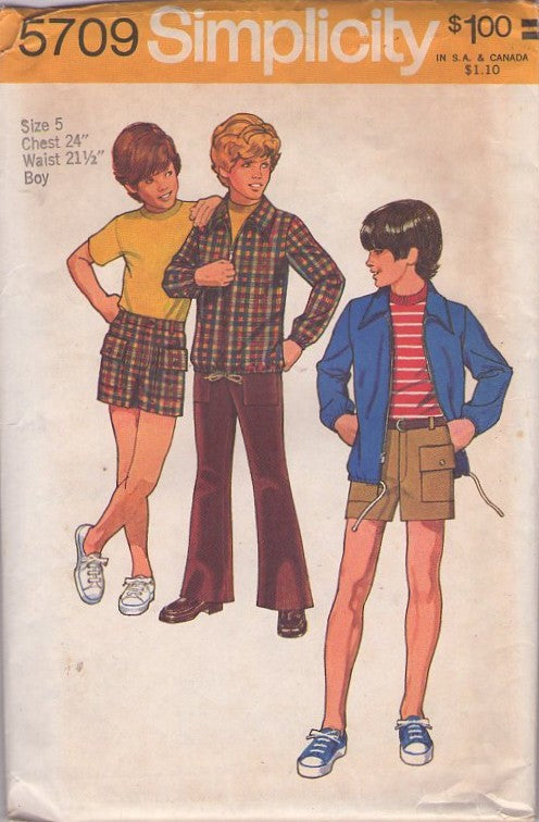 Simplicity 5709 Vintage 70's Sewing Pattern Boys' Separates, Brady Bunch Safari Pockets Cargo Shorts, Bell Bottom Pants, Drawstring Jacket Size 5