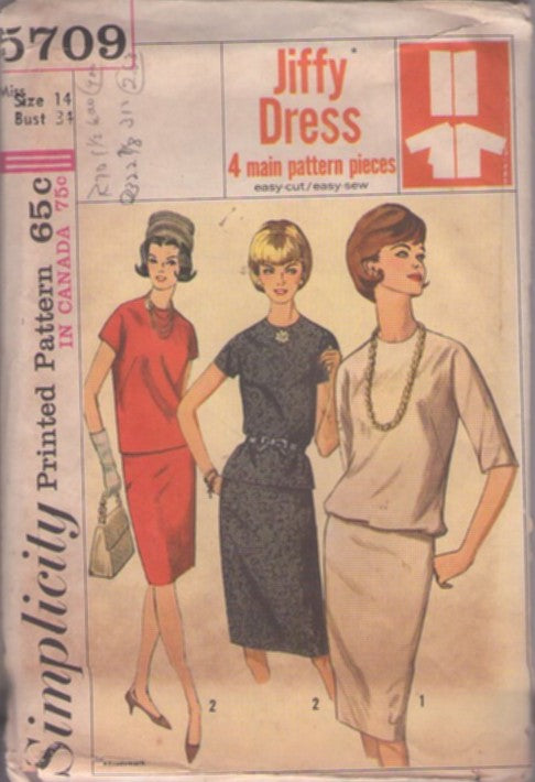 Simplicity 5709 Vintage 60's Sewing Pattern Secretary Separates, Jiffy 2 Piece Dress, 4 Main Pieces, Kimono Sleeve Blouse, Slim Sheath Skirt Size 14 CUT