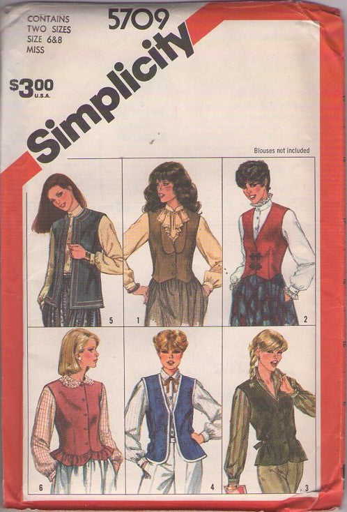 Simplicity 5709 Vintage 80's Sewing Pattern Petite Vest, Sleeveless Jacket Set, 6 Styles Size 6-8