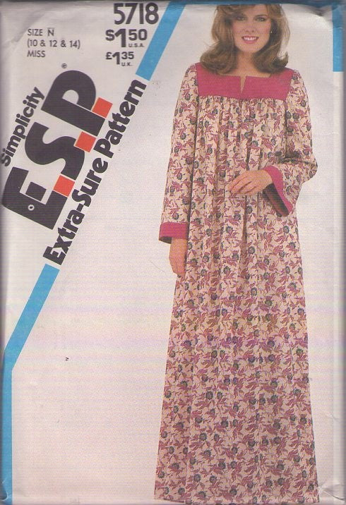 Simplicity 5718 Vintage 80's Sewing Pattern Hippie Caftan, Mrs. Roper Party, Lounge Robe, Pullover House Coat Size 10-12
