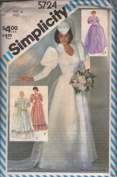 Simplicity 5724 Vintage 80's Sewing Pattern Royal Wedding Gown, Leg O'Mutton or Big Puff Sleeves, Prom, Party, Bridesmaid Dress Set 4 Styles with Train Size 10