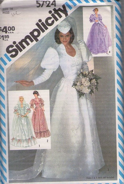 Simplicity 5724 Vintage 80's Sewing Pattern Royal Wedding Gown, Leg O'Mutton or Big Puff Sleeves, Prom, Party, Bridesmaid Dress Set 4 Styles with Train Size 14