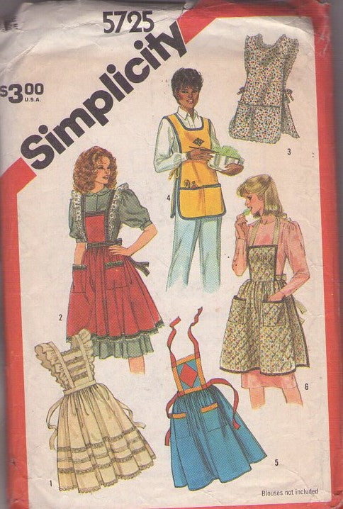 Simplicity 5725 Vintage 80's Sewing Pattern Kitchen Aprons, Retro Housewife, Bib Pinafore, Pullover Artist Smock, 6 Styles All Sizes