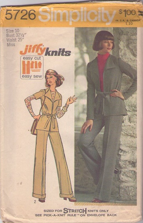Simplicity 5726 Vintage 70's Sewing Pattern Jiffy Knits Separates, Secretary Styles, Wing Collar, Wrap Jacket, Cuffed Pants EASY Size 10