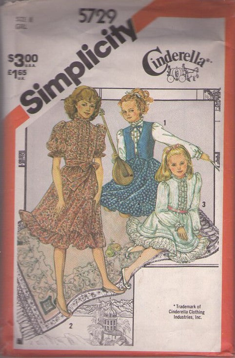 Simplicity 5729 Vintage 80's Sewing Pattern Pretty Girl's Dresses, Cinderella Boho Prairie Dress, Ruffled Pollyanna Party Dress, Lined Vest Size 8