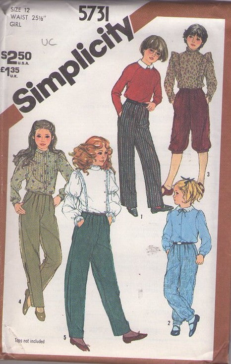 Simplicity 5731 Vintage 80's Sewing Pattern Teen Girl's Pants Set, Casual or Dress Pants, Pleated Trousers, Knickers, Slacks 5 Styles Size 12