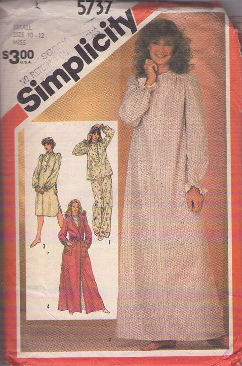 Simplicity 5737 Vintage 80's Sewing Pattern Modest Nightgown, Pajamas Top, Pants, Long Robe Size S 10-12