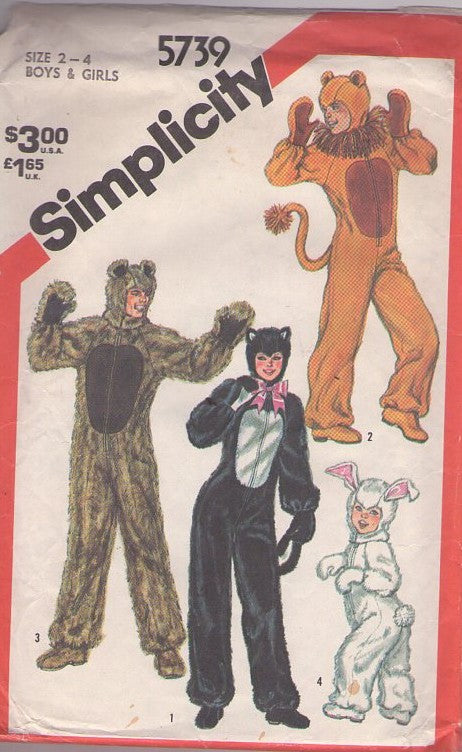 Simplicity 5739 Vintage 80's Sewing Pattern Animal Costumes, Halloween So Scary! Boys & Girl's Faux Fur Animal Jumpsuit & Hoot, Bear, Cat, Lion & Bunny Rabbit Size 2-4