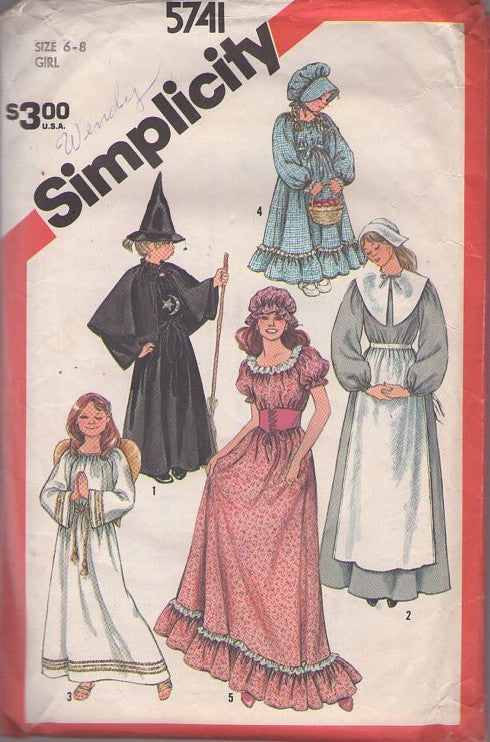 Simplicity 5741 Vintage 80's Sewing Pattern Historical Costumes, Girl's Halloween Pilgrim, Witch, Angel & Wings, Prairie Dairy Maid, Cottagecore Farmcore Dress, Hats, Collars Size 6-8