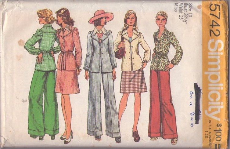 Simplicity 5742 Vintage 70's Sewing Pattern Annie Hall Suit, Wide Lapels Collared Suit Jacket, Blouse, A-Line Skirt & Cuffed Bell Bottom Pants Size 10