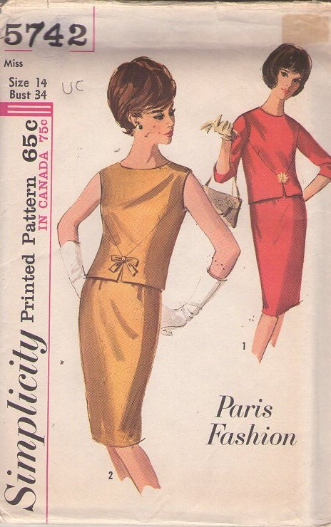 Simplicity 5742 Vintage 60's Sewing Pattern Paris Fashion Dress, 2 Piece Dress Set, Mod Jackie O V Front Seams Notched Overblouse Cocktail Party Top, Sheath Pencil Skirt, 2 Piece Dress Size 14