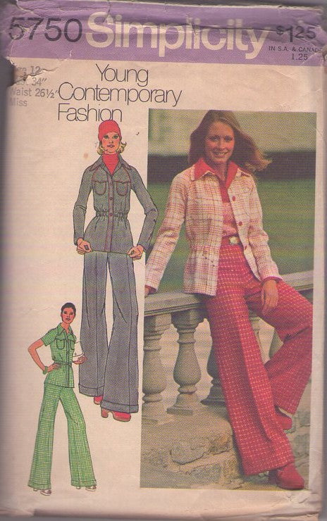 Simplicity 5750 Vintage 70's Sewing Pattern Disco Pantsuit, Young Contemporary Fashion Elasticized Waist Raglan Sleeve Shirt Jacket Top, Wide Leg Cuffed Trousers Size 12