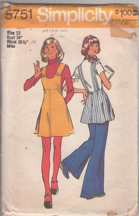 Simplicity 5751 Vintage 70's Sewing Pattern Hippie Separates, Button Strap Open Sides High Waist Mini Dress Jumper, Apron Style Top, Big Bells Flared Pants Size 12