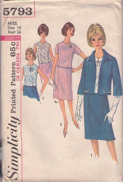 Simplicity 5793 Vintage 60's Sewing Pattern Suit Separates, Mad Men, Flattering Front Panel Skirt, Notched Blouse Top, Suit Jacket Cover Up 3 Piece Dress Suit Size 16 CUT