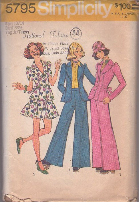 Simplicity 5795 Vintage 70's Sewing Pattern Teen Suit Separates, Annie Hall Suits, Tie Back Peplum Flared Jacket Top, Flirty Flared Mini Skirt, Full Flared Bell Bottoms Pants Size 13 14