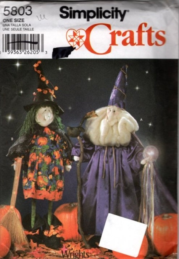 Simplicity 5803 Retro 2002 Sewing Pattern Stocking Face Halloween Door Greeters, Wicked Witch, Wizard Dolls 48" Tall