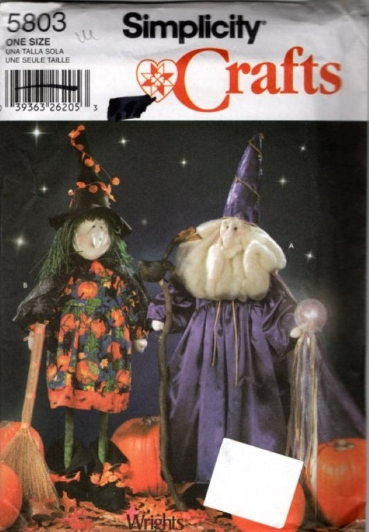 Simplicity 5803 Retro 2002 Sewing Pattern Stocking Face Halloween Door Greeters, Wicked Witch, Wizard Dolls 48" Tall