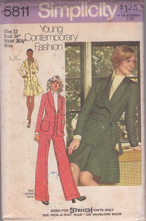 Simplicity 5811 Vintage 70's Sewing Pattern Mod Separates, Secretary Young Contemporary Fashion Shawl Collar Suit Jacket, Flirty Flared Circle Mini Skirt & Pants Size 12 UNCUT
