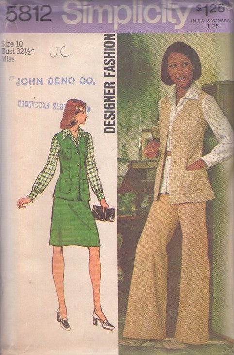 Simplicity 5812 Vintage 70's Sewing Pattern Secretary Coordinates, Designer Fashion Pockets Vest Jacket, A-Line Skirt, Flared Pants Size 10