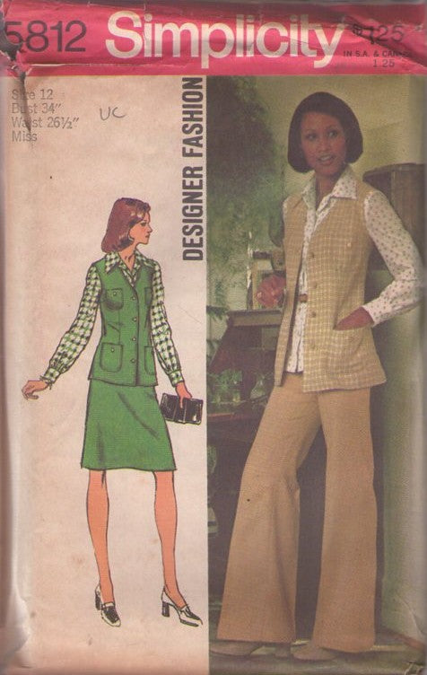 Simplicity 5812 Vintage 70's Sewing Pattern Secretary Coordinates, Designer Fashion Pockets Vest Jacket, A-Line Skirt, Flared Pants Size 12