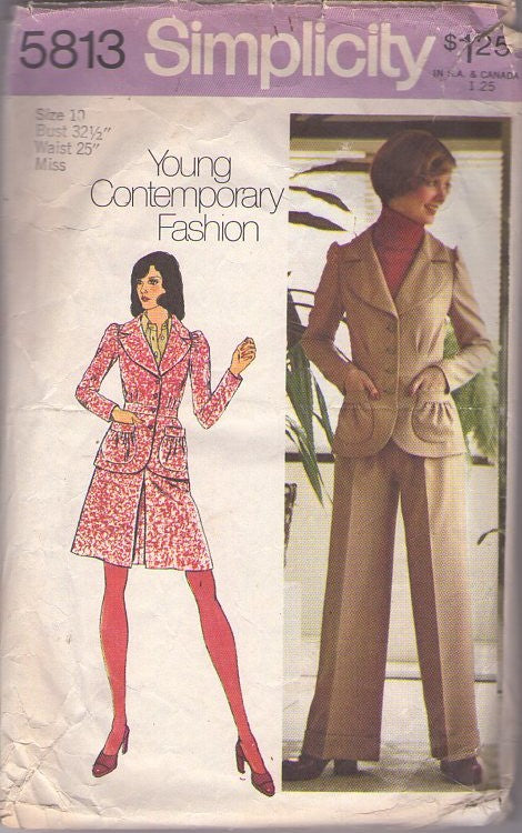 Simplicity 5813 Vintage 70's Sewing Pattern Mod Suit Separates, Young Contemporary Fashion Pouch Pocket Fitted Suit Jacket, WIDE Lapels, Inverted Pleat Skirt & Pants Size 10