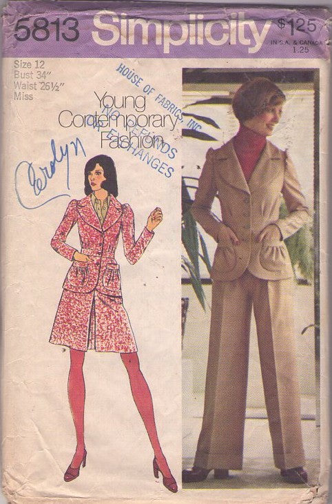 Simplicity 5813 Vintage 70's Sewing Pattern Mod Suit Separates, Young Contemporary Fashion Pouch Pocket Fitted Suit Jacket, WIDE Lapels, Inverted Pleat Skirt & Pants Size 12