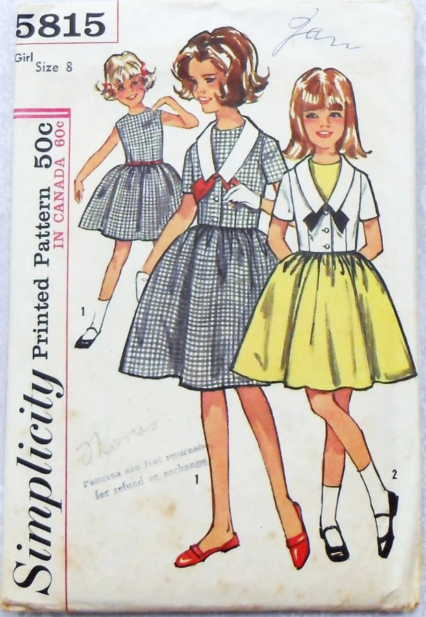 Simplicity 5815 Vintage 60's Sewing Pattern Girl's Dress, Flat Collar Jacket Ensemble, 2 Styles Size 7