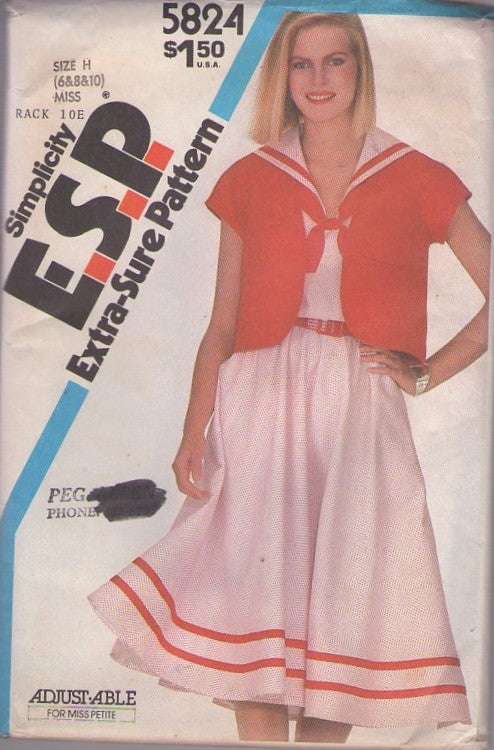 Simplicity 5824 Vintage 80's Sewing Pattern Nautical Dress, Jacket, Cracker Jack, Sailor Collar, Flared Skirt Dress, Bolero Jacket Top Size 6-10