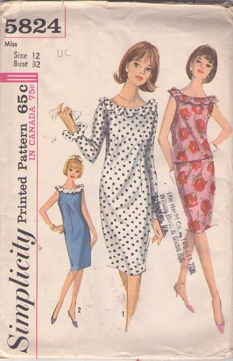 Simplicity 5824 Vintage 60's Sewing Pattern 1 or 2 Piece Day Dress, Dart Fitted, Ruffle Trimmed, Secretary Dress, Blouse & Skirt Size 12