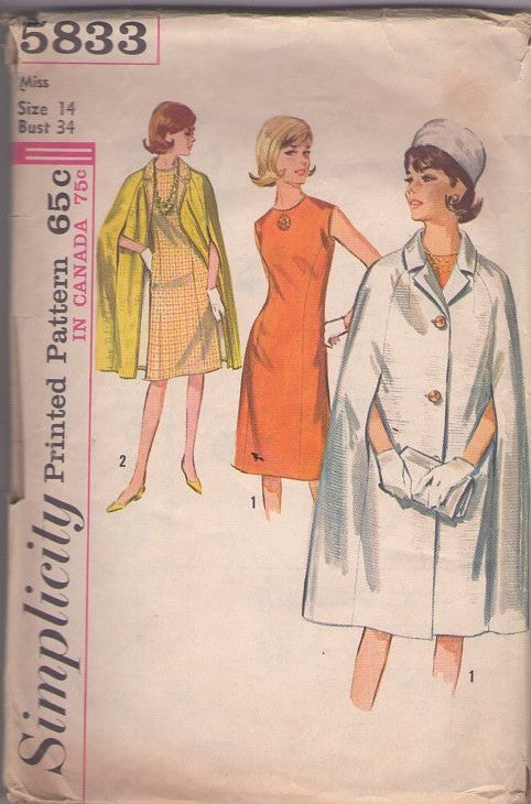 Simplicity 5833 Vintage 60's Sewing Pattern Mod Dress, Cape, Princess Seams Secretary Dress, Cape Cloak with Collar & Armslits Size 14
