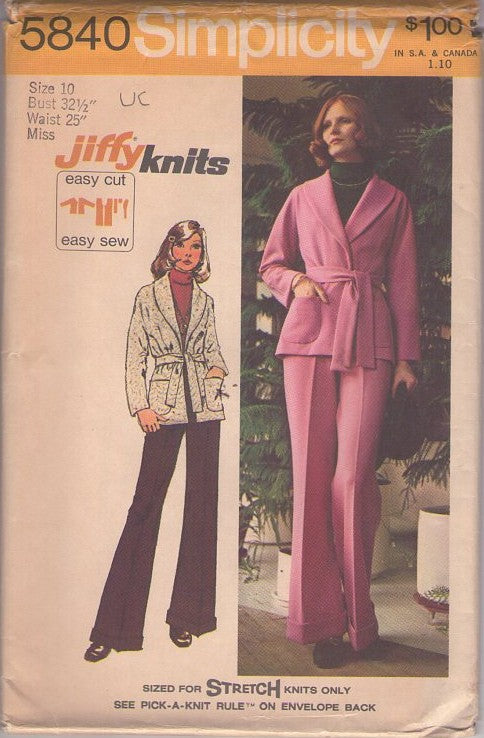 Simplicity 5840 Vintage 70's Sewing Pattern Easy Jiffy Knits Set, Shawl Collar Wrap Around Cardigan Jacket, Pants Size 10 UNCUT