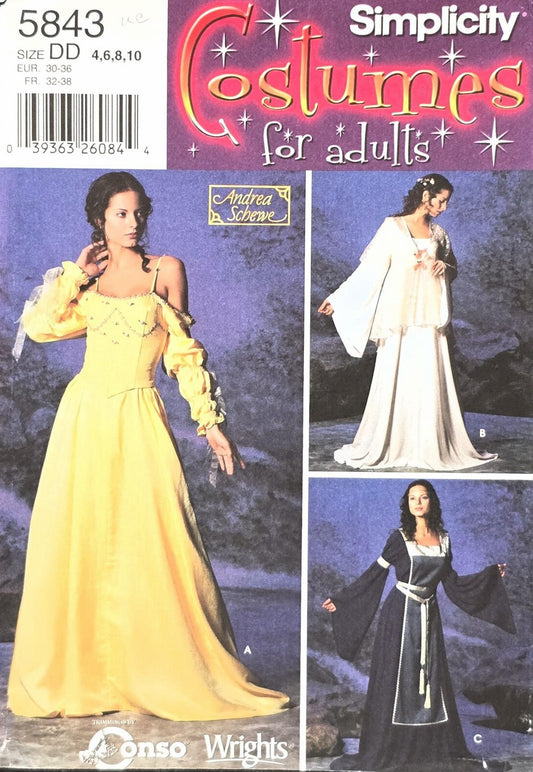 Simplicity 5843 0603 Retro 2002 Sewing Pattern Fantasy Costumes, Medieval Princess, Star Wars, Padme Amidala, Wedding Gown & Cloak, Belle Dress, Size 4-10