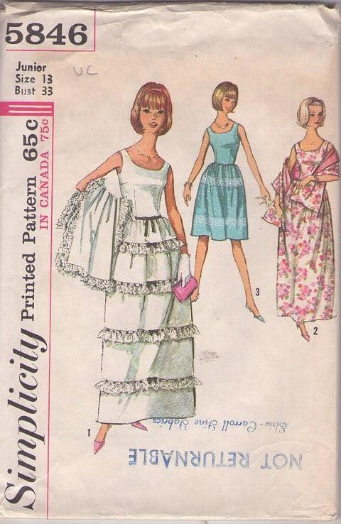 Simplicity 5846 Vintage 60's Sewing Pattern Rockabilly Formal, Red Carpet Scoop Neck Picnic Party Sun Dress, Long Lace Ruffles Evening Prom or Wedding Gown & Stole Size 13