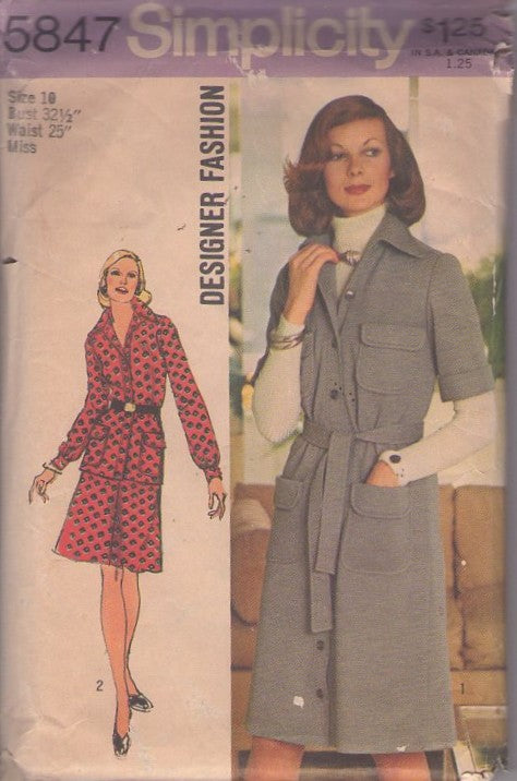 Simplicity 5847 Vintage 70's Sewing Pattern Secretary Dresses, Designer Fashion 2 Piece Secretary Blouse, Flared A-Line Skirt or Front Buttoned Dress Size 10
