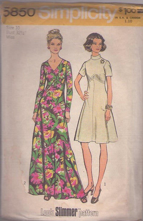 Simplicity 5850 Vintage 70's Sewing Pattern Party Dresses, Stand Up Collar or V Neck Shaped Chevron Waist Mod Dress, Long Hawaiian Cruise Maxi Gown Size 10 CUT
