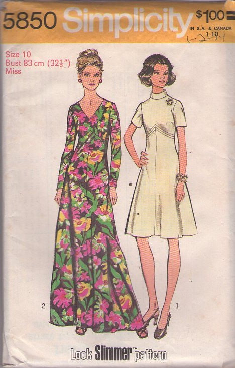 Simplicity 5850 Vintage 70's Sewing Pattern Party Dresses, Stand Up Collar or V Neck Shaped Chevron Waist Mod Dress, Long Hawaiian Cruise Maxi Gown Size 10 UNCUT