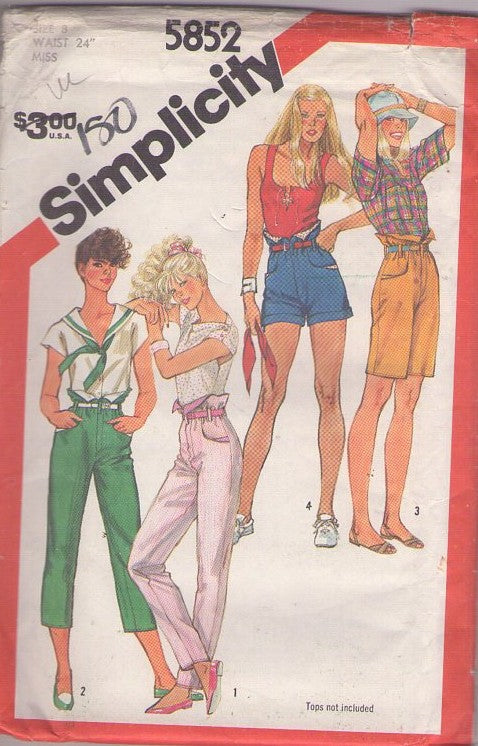Simplicity 5852 Vintage 80's Sewing Pattern Pants, Shorts, Paper Bag Waist, Gathered Flip Front Flaps Shorts Set or Pants Size 8