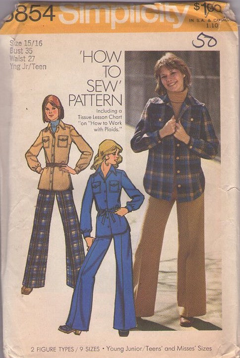 Simplicity 5854 Vintage 70's Sewing Pattern Easy Casual Separates, How to Sew Safari Pockets Shirt Jacket, Pants Size 15/16