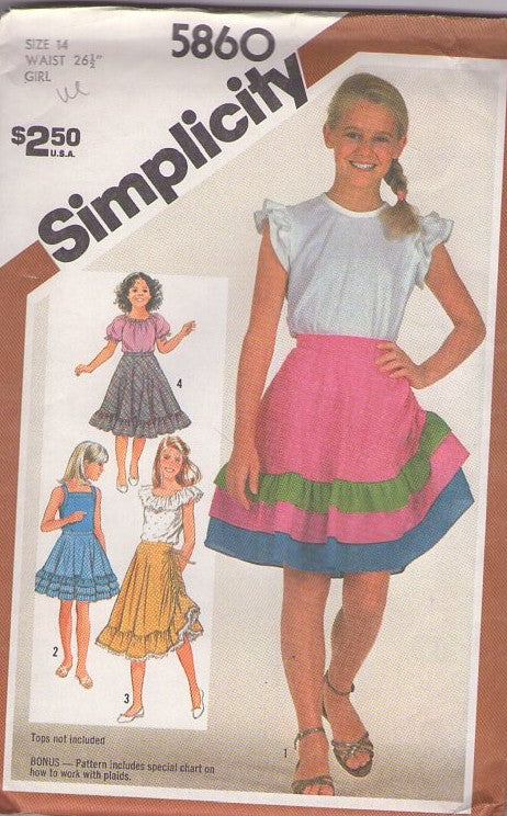 Simplicity 5860 Vintage 80's Sewing Pattern Girl's Bias Skirts, Ruched, Drawstring, Ruffle Flounce, Summer Party Skirt, 4 Styles Size 14