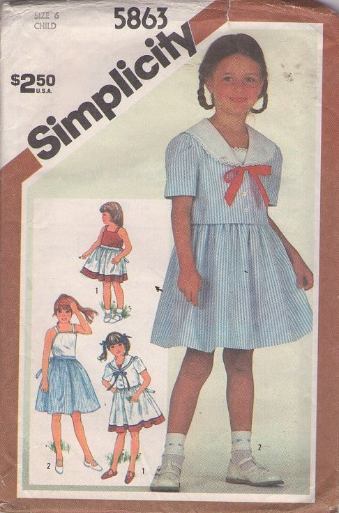 Simplicity 5863 Vintage 80's Sewing Pattern Girl's Dress, Jacket, Nautical Sailor Collar Middy Jacket Blouse, Full Modest Skirt Sundress, Sun Dress Size 6